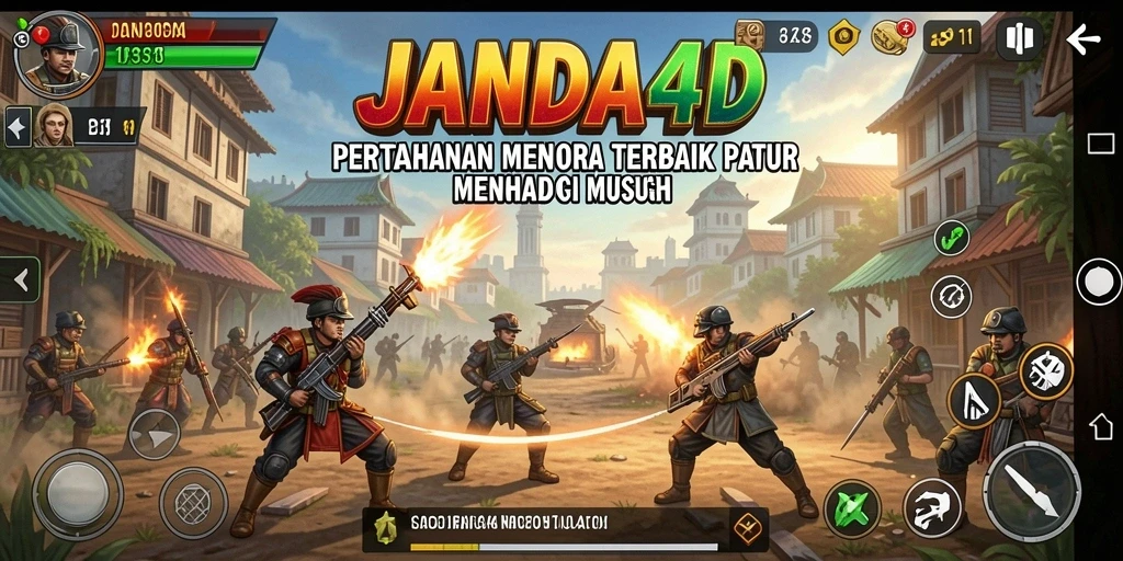 Gameplay seru JANDA4D dengan menara yang menembak musuh.