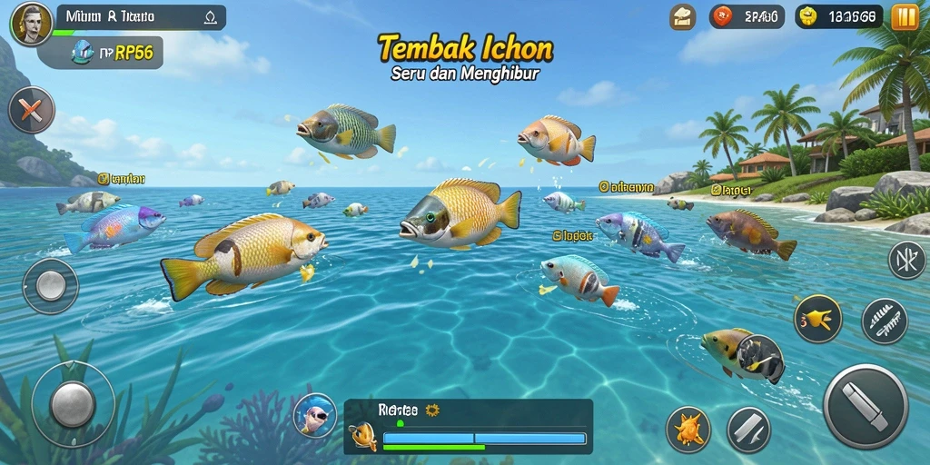 Tampilan gameplay seru Tembak Ikan di RP66 dengan berbagai jenis ikan.