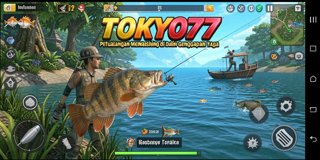 Screenshot gameplay menunjukkan aksi memancing yang seru di laut.