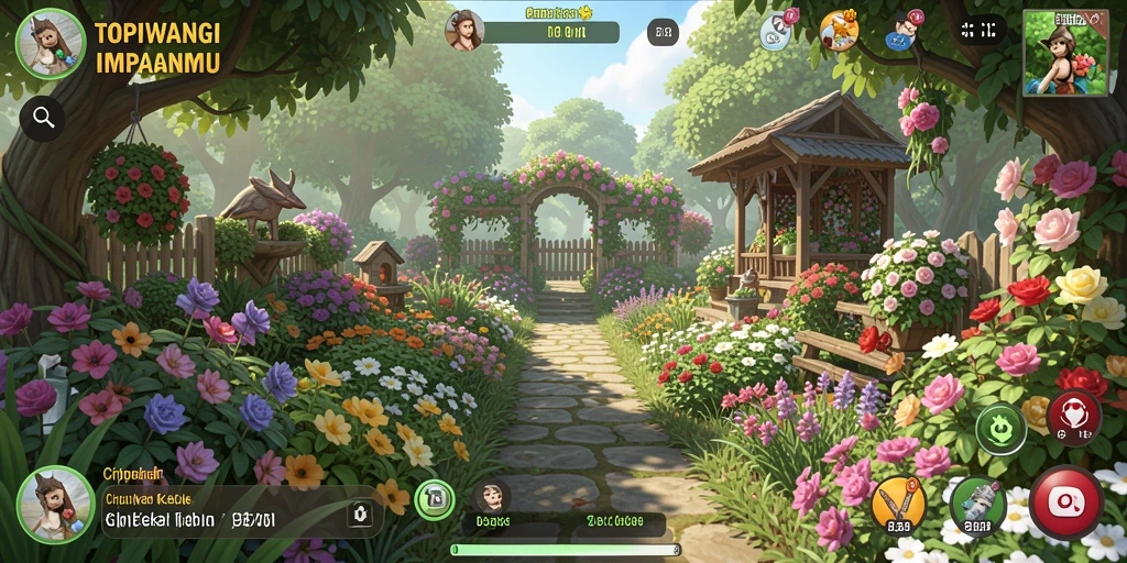 Tangkapan layar gameplay TOPIWANGI menunjukkan kebun yang rimbun dan interaksi menarik.