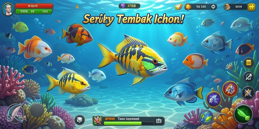 Tampilan gameplay X168 yang penuh warna dan dinamis saat menembak ikan.